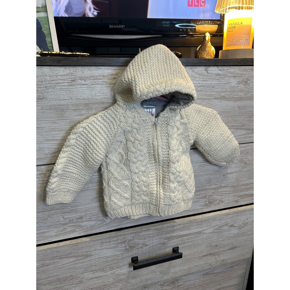 Baby Gap Cream Cable Knit Hooded Sweater Zip Cardigan 6-12 Months Wool Blend